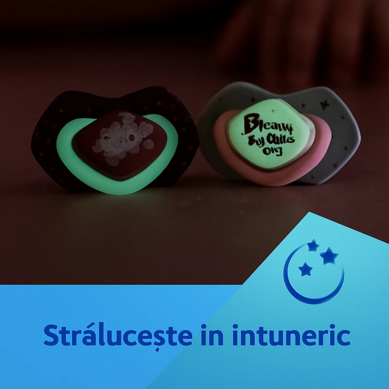 Suzeta Simetrica din Silicon 6-18 Luni, 2 Buc,Fosforescenta Sleepy Koala,22/659_Blu, Canpol babies