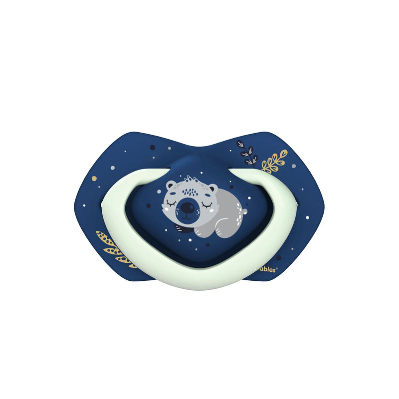 Suzeta Simetrica din Silicon 6-18 Luni, 2 Buc,Fosforescenta Sleepy Koala,22/659_Blu, Canpol babies