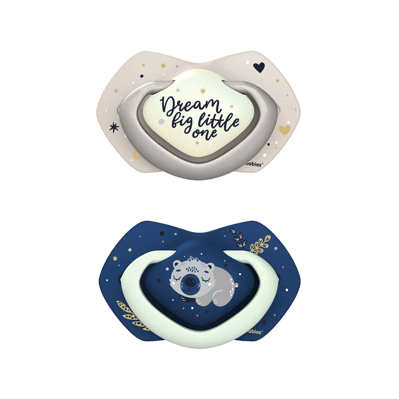 Suzeta Simetrica din Silicon 6-18 Luni, 2 Buc,Fosforescenta Sleepy Koala,22/659_Blu, Canpol babies