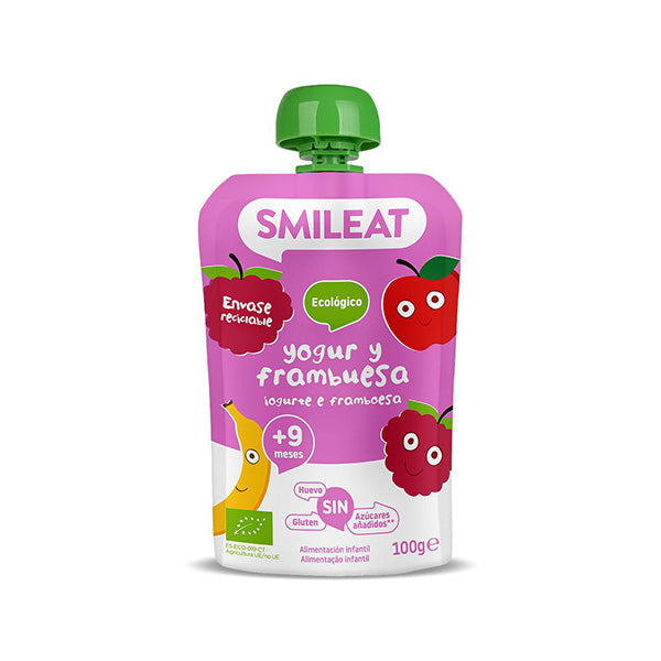 Smileat Gustare Piure din mere, iaurt grecesc, banane si zmeura 100g, +9 luni, Eco