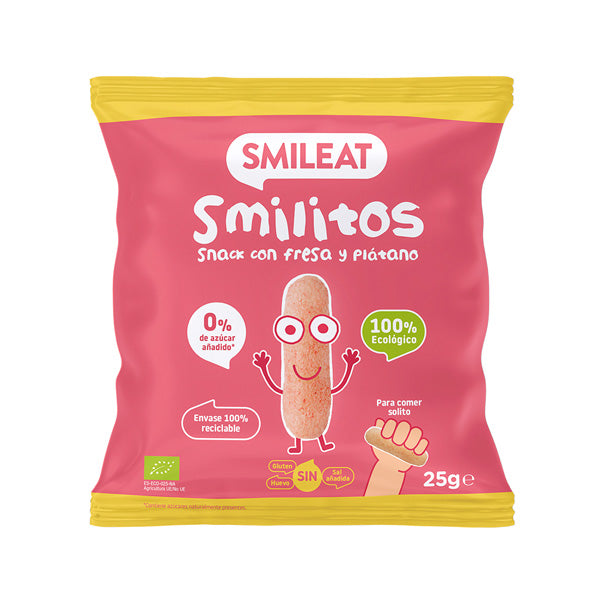 Smileat Pufuleti Smilitos cu ulei de masline, banane si capsuni 25g, +8 luni, Eco