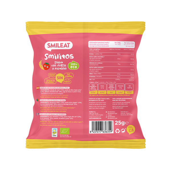 Smileat Pufuleti Smilitos cu ulei de masline, banane si capsuni 25g, +8 luni, Eco