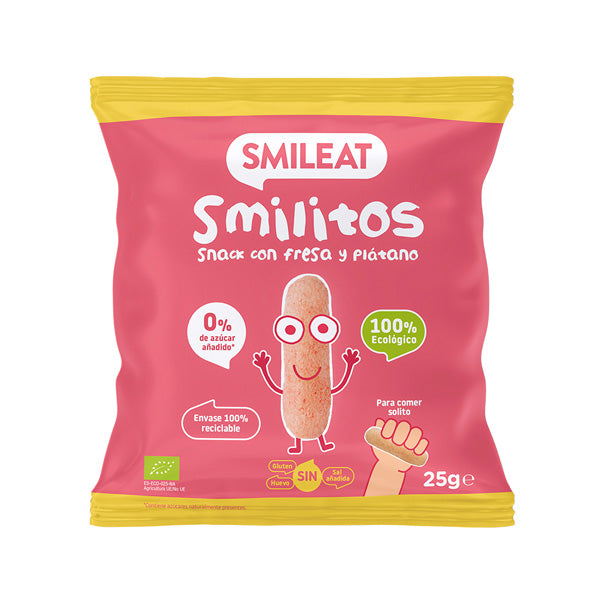 Smileat Pufuleti Smilitos cu ulei de masline, banane si capsuni 25g, +6 luni, Eco