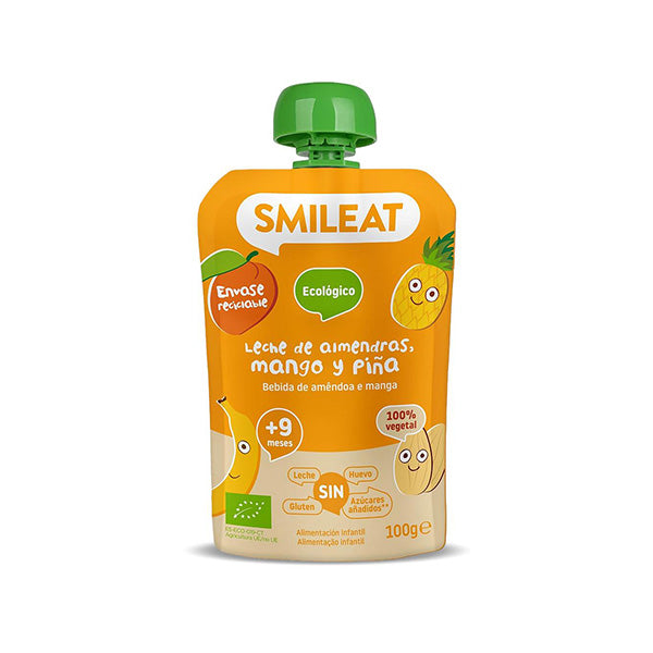Smileat Gustare Piure din mere, bautura de migdale, ananas si mango 100g, +9 luni, Eco,