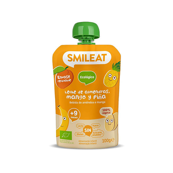 Smileat Gustare Piure din mere, bautura de migdale, ananas si mango 100g, +9 luni, Eco,