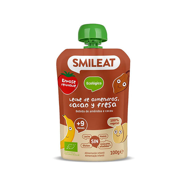 Smileat Gustare Piure din mere, banane, capsuni, bautura de migdale si cacao 100g, +9 luni, Eco