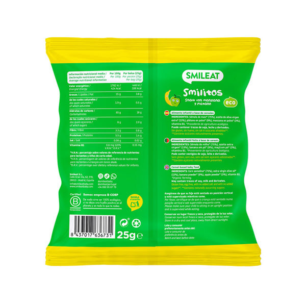 Smileat Pufuleti Smilitos cu ulei de masline, banane si mere 25g, +8 luni, Eco