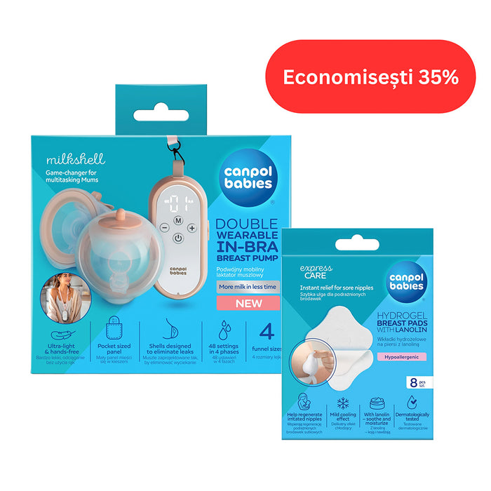 Pachet de alaptare cu Pompa de San Dubla tip Scoica Poratbila in Sutien si Comprese De San Calmante Hidrogel Cu Lanolina