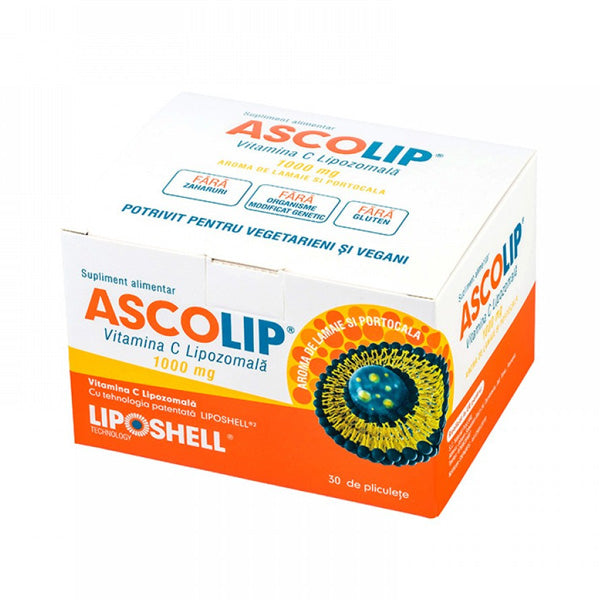 Vitamina C Lipozomală 1000 mg LIPOSHELL®, cu aromă de portocale (30 plicuri), ASCOLIP