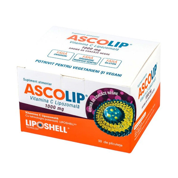 Vitamina C Lipozomală 1000 mg LIPOSHELL®, cu aromă de coacăze negre (30 plicuri), ASCOLIP