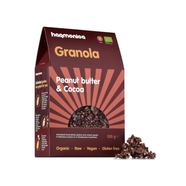 Harmonica Granola Bio Cu Unt de Arahide Si Cacao, Fără gluten 250G